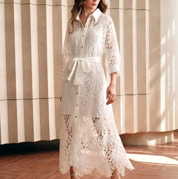 Mid-Sleeve Lace Embroidered Vacation Style Women's Midi Dress - Picture 1 of 5